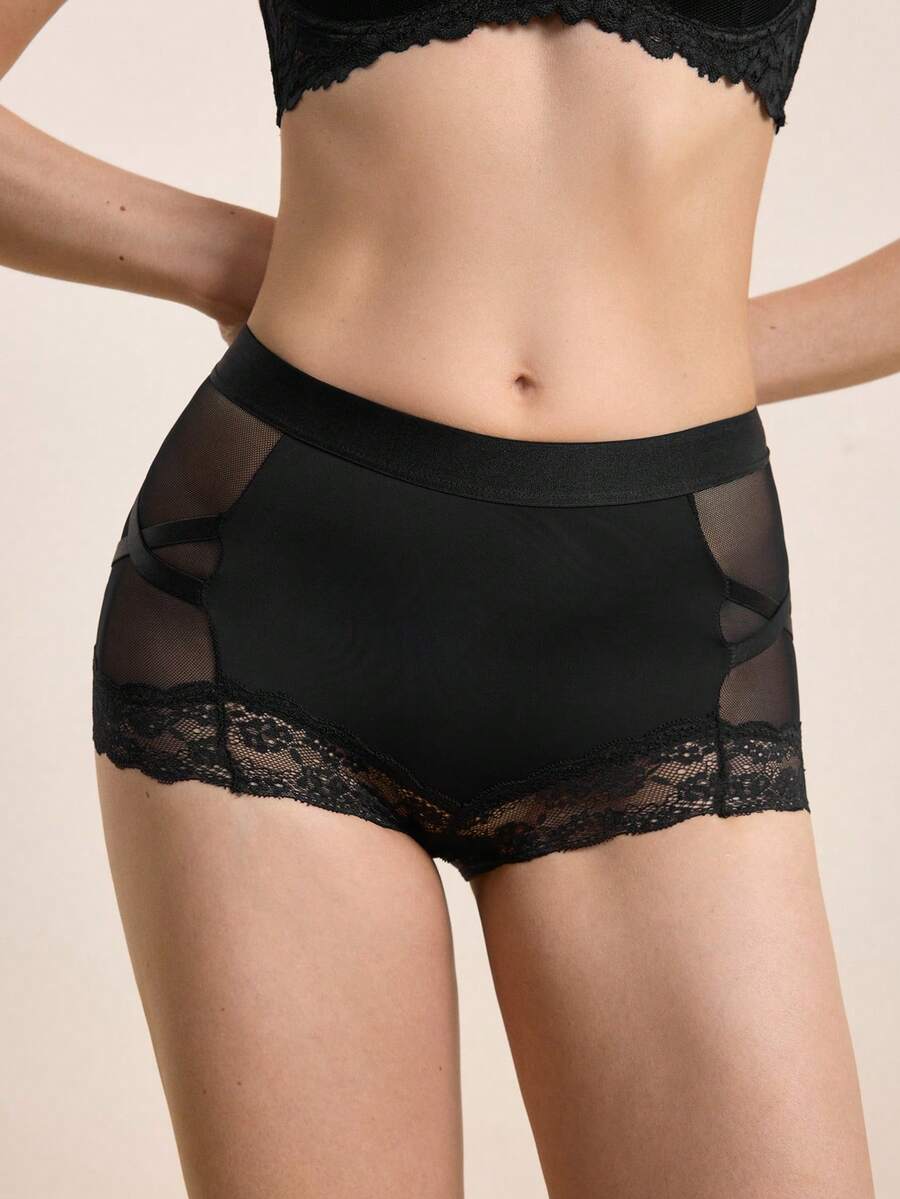 Hourtrue Quần lót ren tương phản - màu đen - Xem 1