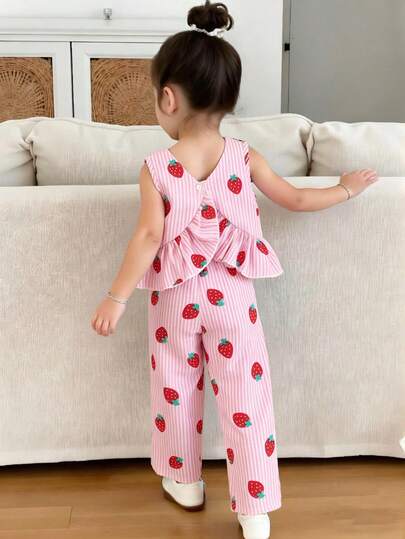 SHEIN Elladie kids 2pcs Young Girls Sweet & Cute Princess Style Strawberry Print Sleeveless Hollow-Out Tank Top And Wide Leg Pants Set, Suitable For Daily Wear, Parent-Child Activities, Party, Vacation, Back To School Strawberry Outfits For Girls Young Girls Clothing Sets Kids Clothes For Girl Toddler Girl Strawberry Outfit Girls Strawberry Print Set