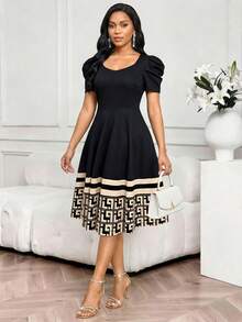 SHEIN Lady Đầm nữ thanh lịch kẻ sọc họa tiết hình học cổ tim tay cánh hoa - màu đen - Xem 6