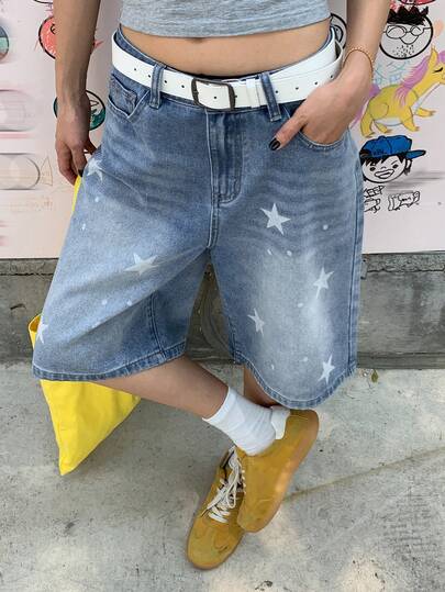 DAZY 女士星形印花宽松七分牛仔短裤，适合春夏穿着