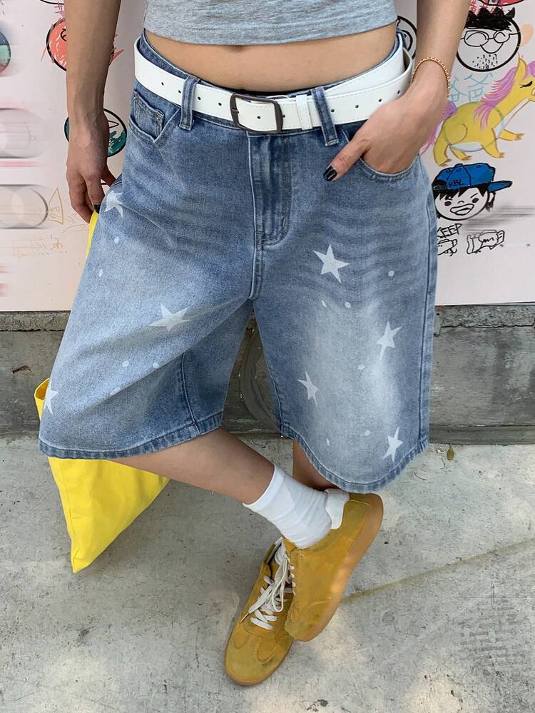 Women's Star Print Loose Fit Denim Bermuda Shorts