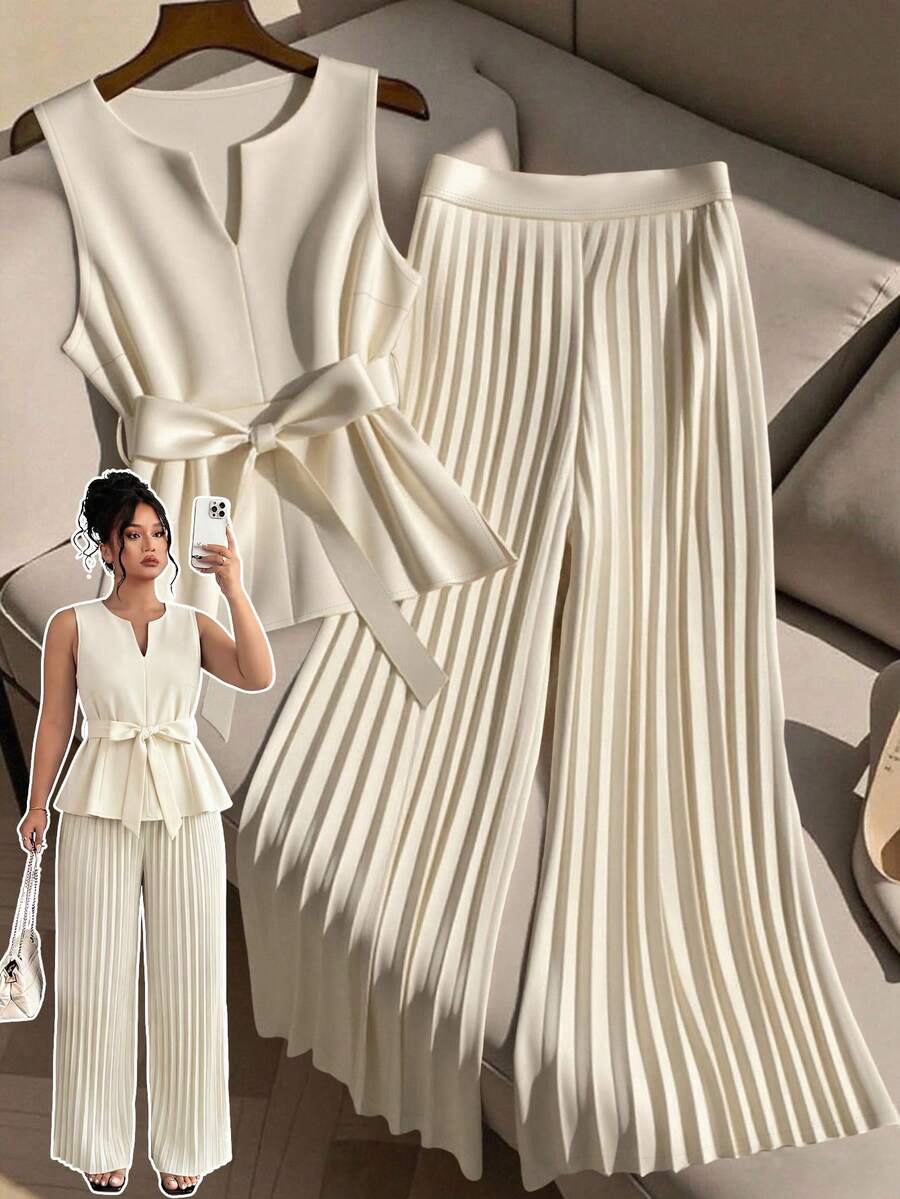 GlowEve CURVE 2pcs Plus Size Women Sleeveless Top And Casual Loose Pleated Wide Leg Pants Set - Apricot - View 1