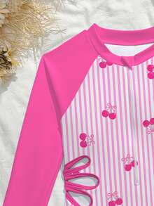 SHEIN Tween Girl Striped Cherry Print Long Sleeve One-Piece Swimsuit, Suitable For Beach Vacation, Pool Party, Beach Party - Multicolor - View 3