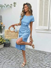 SHEIN LUNE 女士休闲条纹夏季度假通勤日常基本款时尚扭结中长连衣裙，短袖 - 藍色 - 查看 4