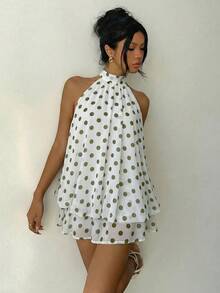 Aloruh Women's Elegant Light Yellow Halter Neck Tie Mini Dress - Green - View 7