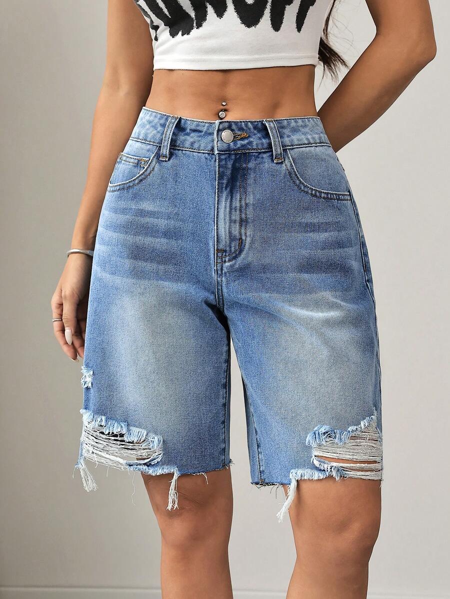 SHEIN PETITE Women's High Waist Distressed Denim Bermuda Shorts, Frayed Hem Casual Summer Outfits Women's Casual Washed Distressed Denim Shorts - Dark Wash - View 1