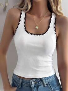 Livesso Damen lässiges ärmelloses Crop Top mit kontrastfarbener Ziersteppung, geeignet für Straße, Musikfestival, Urlaub, Frühling/Sommer - Weiss - Übersicht 4