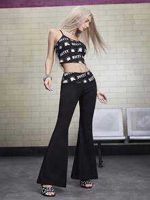 Betty Boop | ROMWE Collaboration Foil Print Camisole Top And Flare Pants Set - Black - View 6