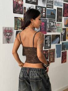 SHEIN HypeZone Áo hai dây phối ren phong cách đường phố dành cho nữ - màu nâu - Xem 2