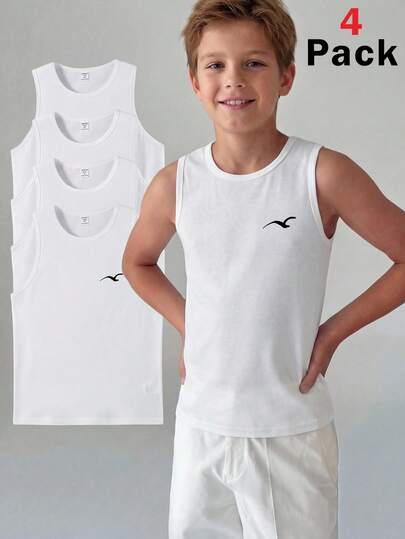 SHEIN 4件套男童休闲简约鸟类图案舒适背心，适合春夏穿着