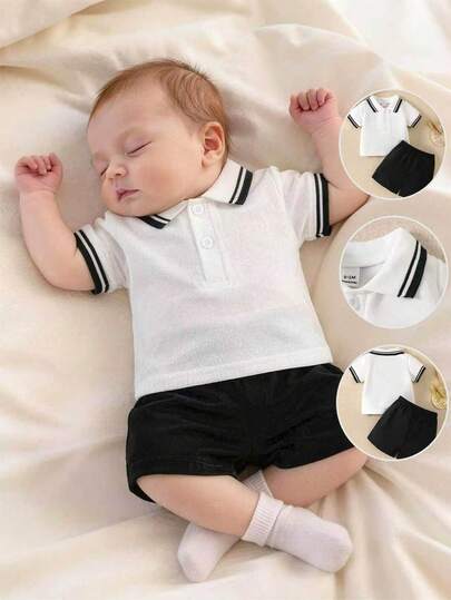SHEIN 两件适合新生儿和男童的休闲针织短袖半开襟Polo衫，以及黑色弹力腰带梭织短裤，适合日常户外穿着。