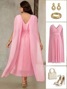Roveilla Plus Size Women's Blush Pink Summer Elegant Formal Wedding Ninang Maxi Dress,Chiffon Shirred Waist Drop Shoulder French Boho Wrap Dresses - Pink - View 1