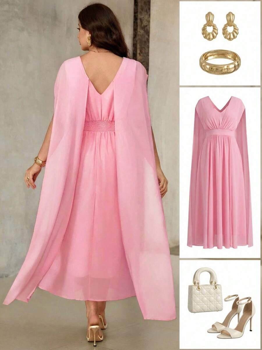 Roveilla Plus Size Women's Blush Pink Summer Elegant Formal Wedding Ninang Maxi Dress,Chiffon Shirred Waist Drop Shoulder French Boho Wrap Dresses - Pink - View 1