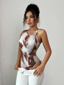 Selianne New Sexy Tie Dye Print Design Metal Buckle Fitted One-Piece Swimsuit For Women, Suitable For Summer Vacation - Brown - View 3