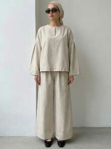 Solavon 女士条纹长袖衬衫和裤子休闲两件套 - 卡其色 - 查看 5