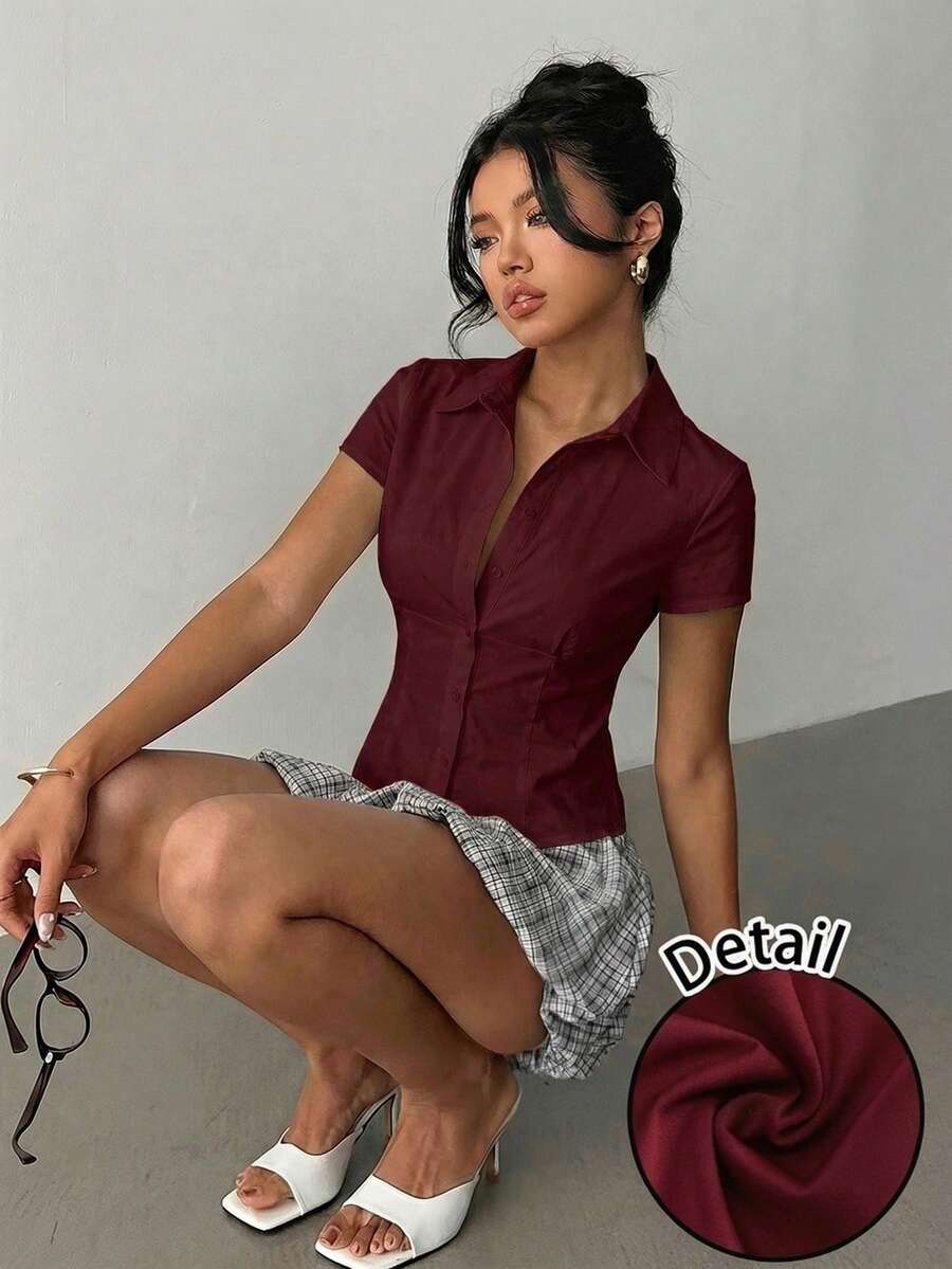 Aloruh Women's Elegant Burgundy Short Sleeve Pleated Waist Shirt, Minimalist Versatile For Commute, Daily Wear, Office, Spring/Summer - Burgundy - View 1