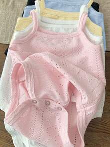 SHEIN LMoss Kids 5pcs/Set Newborn Baby Girl Cute Solid Color Knitted Romper Outfit, Summer - Multicolor - View 3