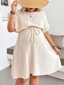 Plussiva Plus Size Pregnant Women's Solid Color Round Neck Batwing Sleeve Casual Soft Form Sexy Dress Maternity Photoshoot Summer Babyshower Pink - Apricot - View 6