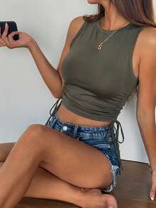 Women Sleeveless Ruched Sides Crop Top - Army Green - View 3