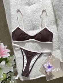 Swim SXY 女士泳装比基尼性感纯色拼接比基尼，内置胸罩露脐背心吊带泳衣，适合度假、海滩、Y2K风格、健身等场合，适合情人节、新年派对、度假、都市海滩波西米亚风等各种场合，2026春夏沙滩装 - 棕色 - 查看 5