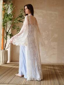 MOTF PREMIUM ELEGANT SHEER LACE BELL SLEEVE EXTRA LONG ROBE - White - View 3