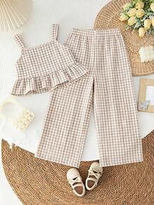 SHEIN LMoss Kids LMoss 女童条纹编织背心和宽松休闲裤套装 - 卡其色 - 查看 2