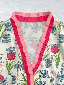 Linhara 大码女式休闲碎花花瓣袖衬衫 - 杏色 - 查看 6