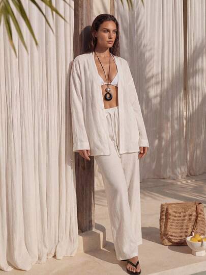 Swim Chiccia Women's Solid Color Batwing Sleeve Kimono Cover Up For Vacation 2026 New Women's Swimwear ArrivalFor School,Suitable For Holiday, Date, Afternoon Tea, Western, Cruise, Beach, Island, Road Trip, All Seasons, Music Festival, Boho Vacation,Bohemian Vacation, Chill Autumn ,Western Boho ,Elegant Tops For Women