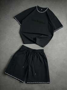 Claim Dot 男士字母印花T恤和短裤套装 - 黑色 - 查看 1