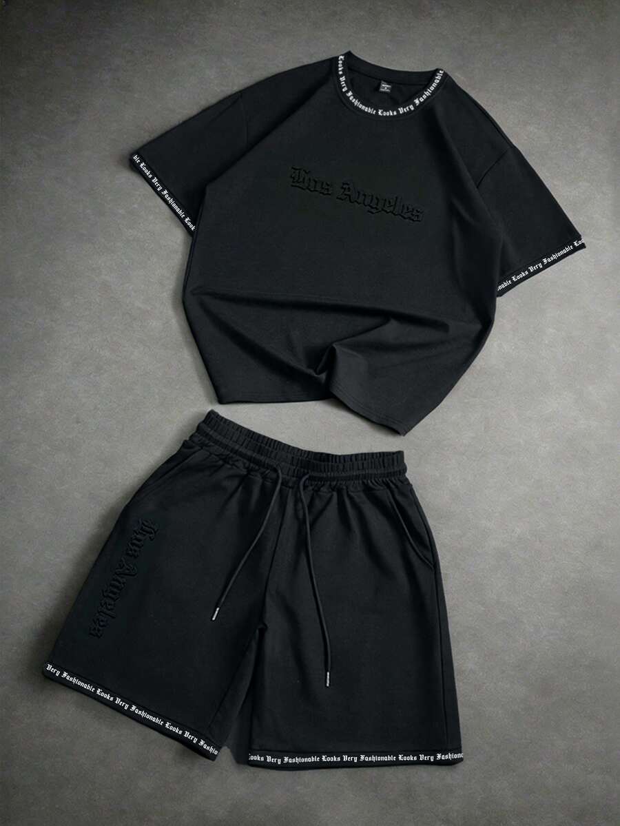 Claim Dot 男士字母印花T恤和短裤套装 - 黑色 - 查看 1