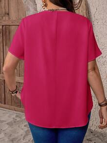 EMERY ROSE Plus Size V-Neck Ruched Short Sleeve Top,Pastel Pink,Summer,Smart Casual,Office,Solid Dressy Fashionable Everyday Wear Country Casual Vacation Outfits - Hot Pink - View 2