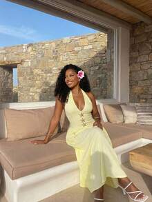 SHEIN BamGlam 新款性感沙滩装拼接系带束腰连体裤 - 淡黃色 - 查看 1