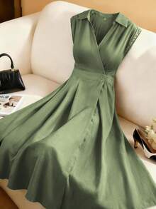 Franclia 女士单竹结亚麻衬衫领，腰部褶裥，A字下摆，宽松长裙，军绿色，优雅复古法式风格，适合办公室通勤、商务休闲、海滩度假、街头风等多种场合，简约百搭，春夏新款 - 綠色 - 查看 1