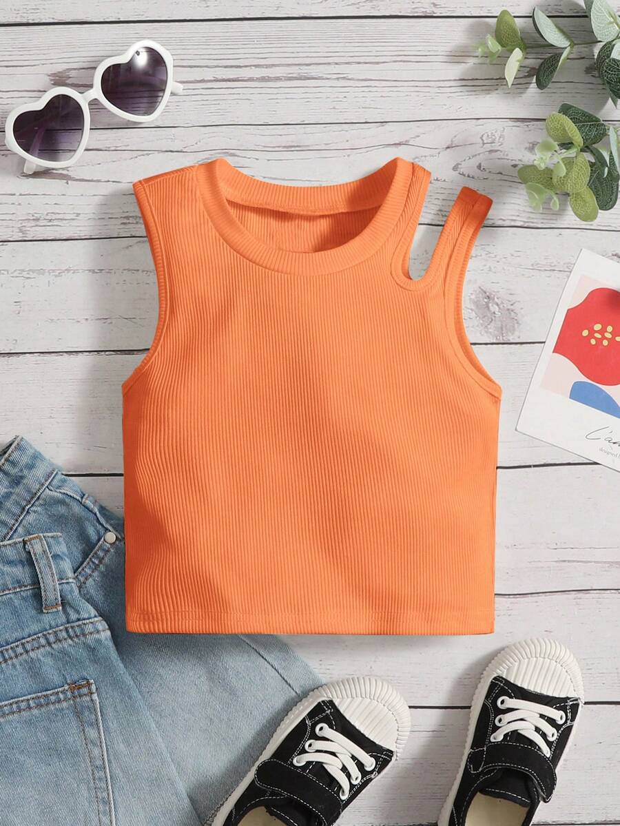 SHEIN Young Girl Plain Round Neck Hollow Back Camisole, Casual Homewear & Back To School - Burnt Orange - View 1