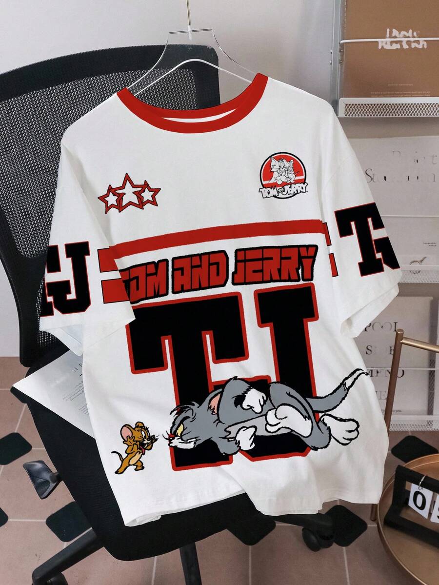 TOM & JERRY X SHEIN 男士卡通印花宽松休闲短袖T恤 - 白色 - 查看 1
