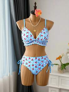 Swim Mod Traje de baño de talla grande para mujer, conjunto de 2 piezas con estampado aleatorio de cerezas, volantes y nudo delantero, ideal para vacaciones en la playa - Azul - Ver 7