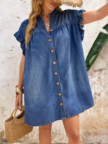 EMERY ROSE 女士单排扣荷叶袖休闲牛仔连衣裙，适合度假和海滩穿着 - 藍色 - 查看 7