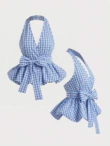 Olithes 2026新款女士裹身式露背上衣，饰有蝴蝶结，经典条纹图案 - 适合日常休闲、办公室通勤、轻松度假穿着 - 藍色 - 查看 1