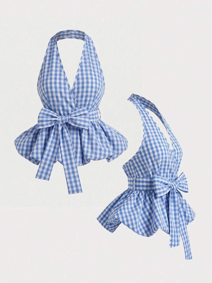 Olithes 2026新款女士裹身式露背上衣，饰有蝴蝶结，经典条纹图案 - 适合日常休闲、办公室通勤、轻松度假穿着 - 藍色 - 查看 1