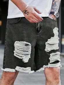 Manfinity Homme Plus Size Men's Casual Distressed Pocket Button Denim Shorts, Versatile For Daily Wear - Light Grey - View 5