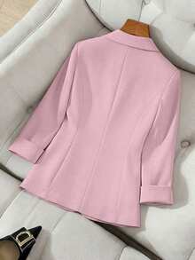 Franclia Áo blazer nữ màu trơn cổ chữ V cài một hàng khuy, kiểu dáng thường ngày, đa năng, tay dài, thích hợp đi làm, mùa xuân. Áo blazer nữ màu hồng, bộ vest nữ, áo blazer công sở, bộ vest nữ, trang phục công sở, áo blazer nữ, bộ vest nữ. - Hồng - Xem 2