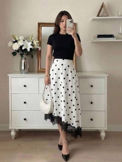 Modelyn 女士优雅波点蕾丝高腰飘逸A字中长裙，优雅休闲，适合办公室、复古休闲和日常穿着。