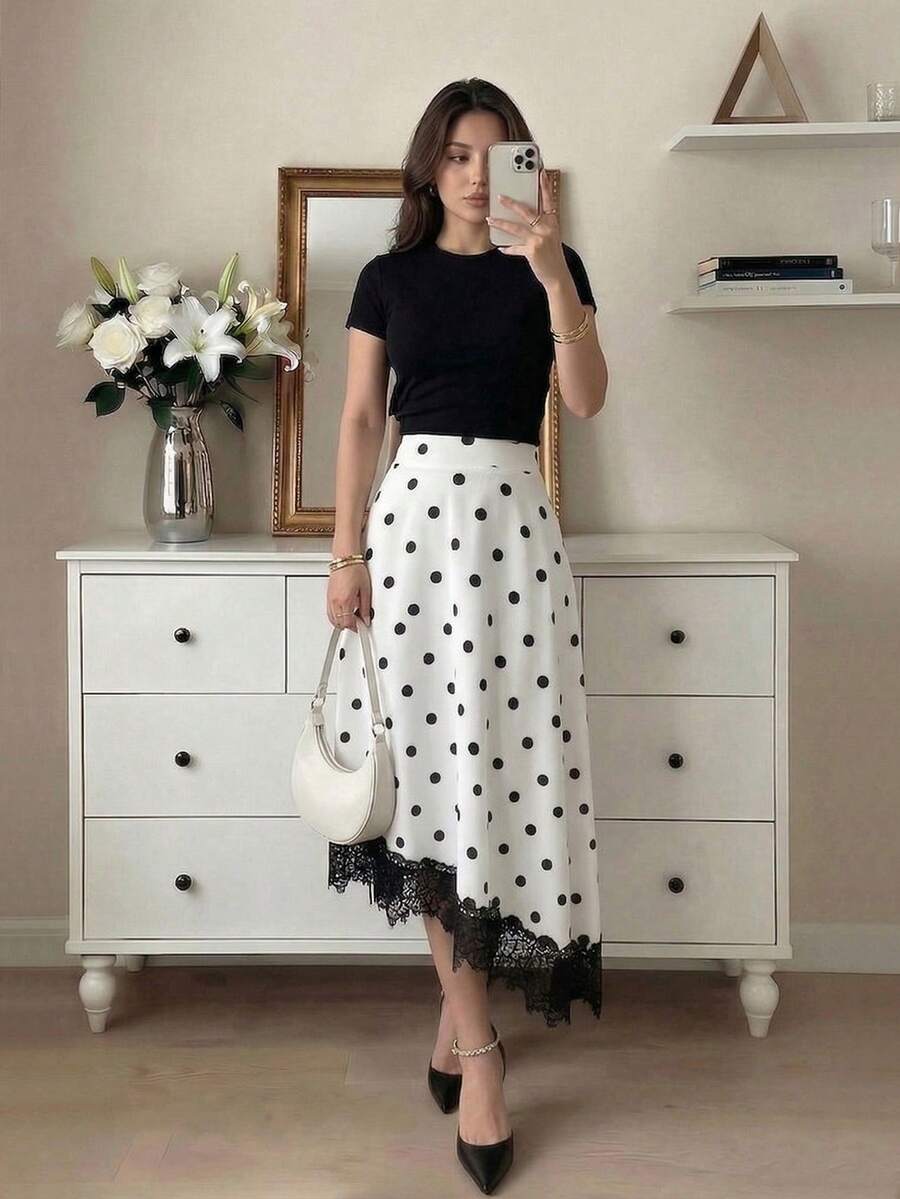 Modelyn 女士优雅波点蕾丝高腰飘逸A字中长裙，优雅休闲，适合办公室、复古休闲和日常穿着。 - 白色 - 查看 1