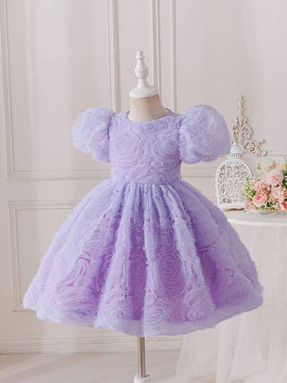 SHEIN Glamorique Kids Young Girl Floral 3D Decor Bow Back Party Wedding Banquet Dress