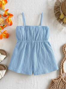 SHEIN Baby Girl Vacation Casual Textured Green Bow Strap Romper - Baby Blue - View 7