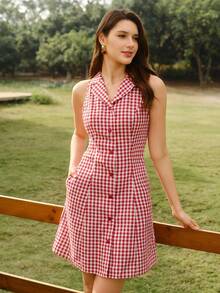Vintamour Vintage French Elegant Women's Dress With Pockets, Red And White Plaid Button Lapel Collar Cottage Core Oktoberfest Picnic Summer Casual Outfit Brunch - Red and White - View 6
