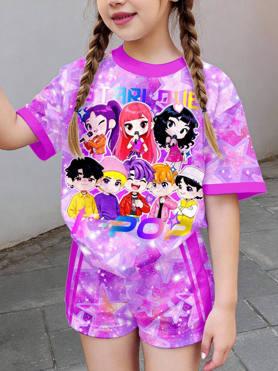 SHEIN 2件套卡通人物女孩，多巴胺渐变紫色星星，K-Pop巨星套装，休闲简约短袖T恤和短裤，适合夏季穿着 - 彩色 - 查看 1