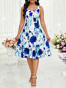 SHEIN Lady Bộ 2 món gồm áo ngắn tay màu trơn và váy in họa tiết dành cho nữ. - Xanh đậm - Xem 5