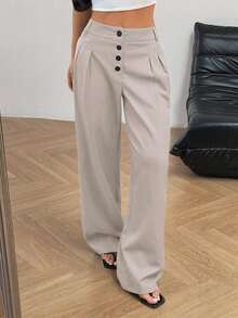 SHEIN Unity 女士纯色腰部纽扣前开阔腿休闲裤褶裥阔腿裤奶油色阔腿裤女士阔腿裤正式阔腿裤高腰阔腿裤阔腿裤女士高腰裤女士夏季长裤 - 米色 - 查看 5