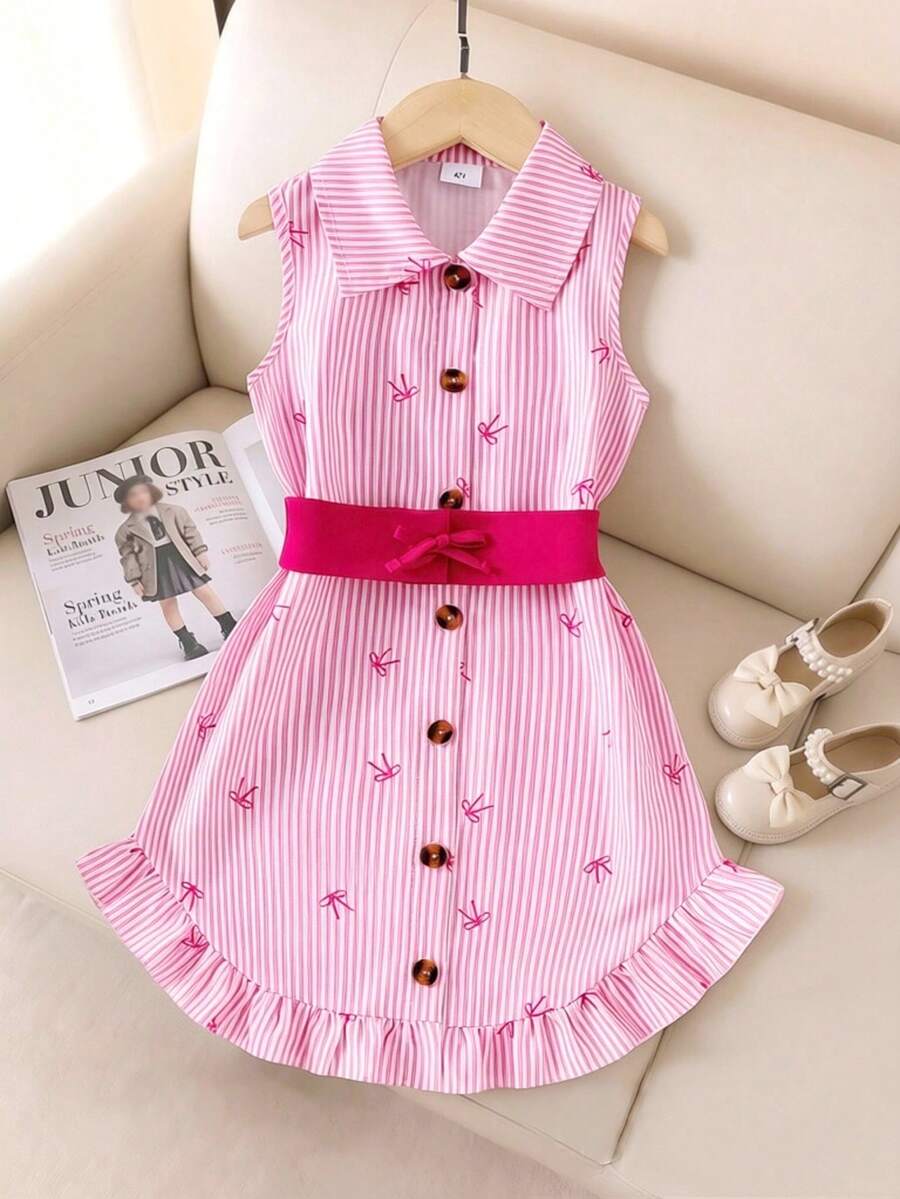 SHEIN Genkimix Kids Đầm sơ mi kiểu phương Tây cho bé gái, có thắt lưng, viền bèo nhún và dây buộc eo, thích hợp cho mùa xuân/hè, kỳ nghỉ, du lịch. - Hồng - Xem 1